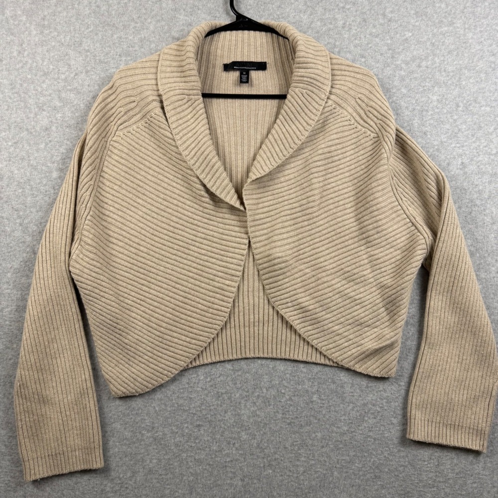 White House Black Market Shrug Sweater Womens M Beige Ribbed Shawl Collar Crop